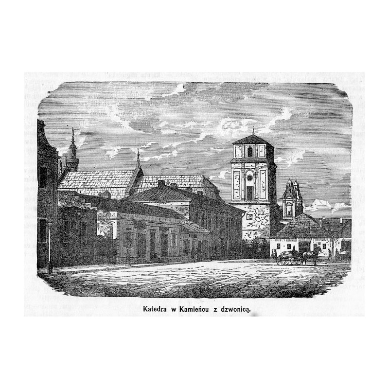 [1] "Katedra w Kamieńcu z dzwonnicą." [2] "Fronton katedry."