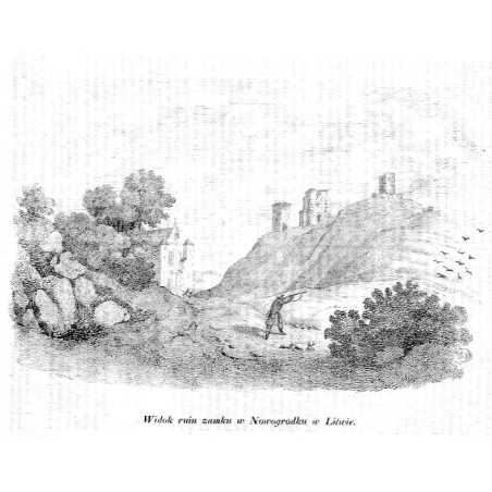 "Widok ruin zamku w Nowogrodku w Litwie."
