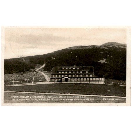 Spindlerovka v Krkonoších 1208 m. n. m. s Malým Šišákem 1436 m. n. m. Riesengebirge: Spindlerbaude 1208 M. ü. M. mit Kleiner Stu
