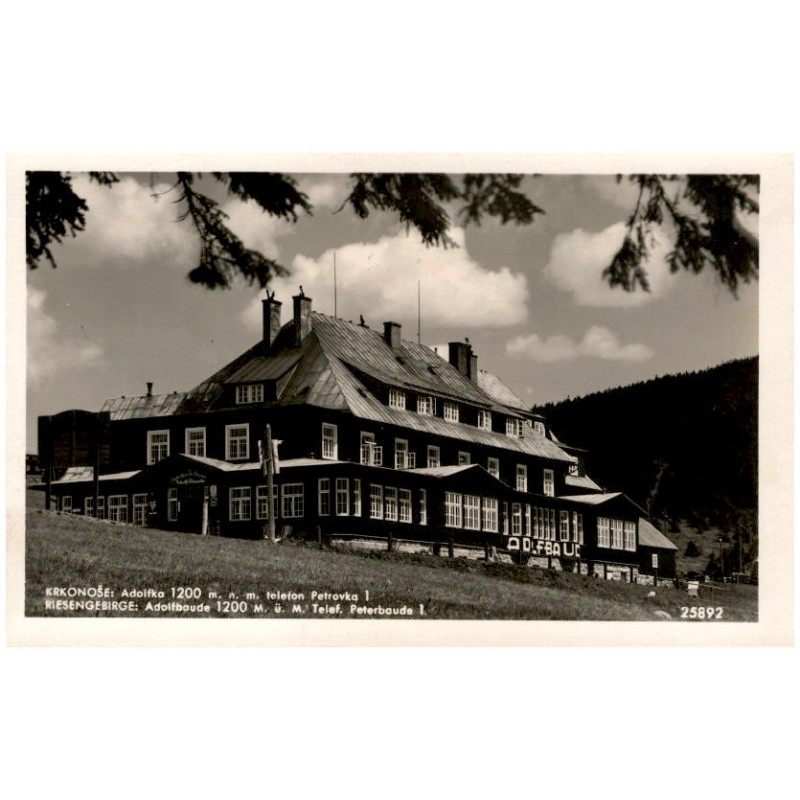 Krkonoše: Adolfka 1200 m. n. m. telefon Petrovka 1. Riesengebirge: Adolfbaude  1200 m ü. M. Telef. Peterbaude 1. 25892
