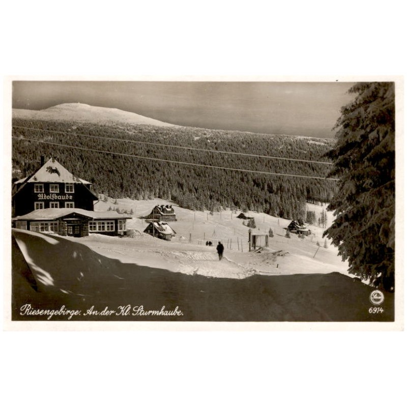 Riesengebirge. An der Kl. Sturmhaube. 6914  / Rewers: Riesengebirge. Adolfbaude. Alte Erlebach G[...] und Sturmhaubenbaude mit d