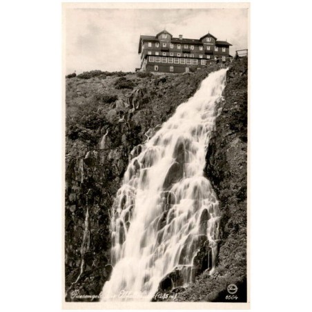 Riesengebirge, Die Elbfallbaude. (1285m) 6504 / Rewers: Riesengebirge. (Sudetengau) Der Elbfall mit Elbfallbaude (1284m)