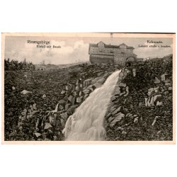 Riesengebirge. Elbfall mit Baude. Krkonoše. Labské zřídlo s boudou.