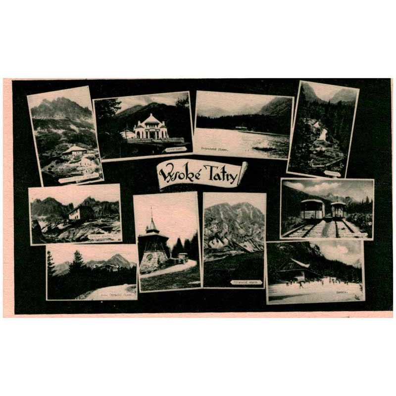 Vysoké Tatry. Zelené pleso s chatou. Hrebienok. Popradské Pleso. Vodopád. Téryho chata. Lanová dráha. Nové Štrbské Pleso. Sliezs