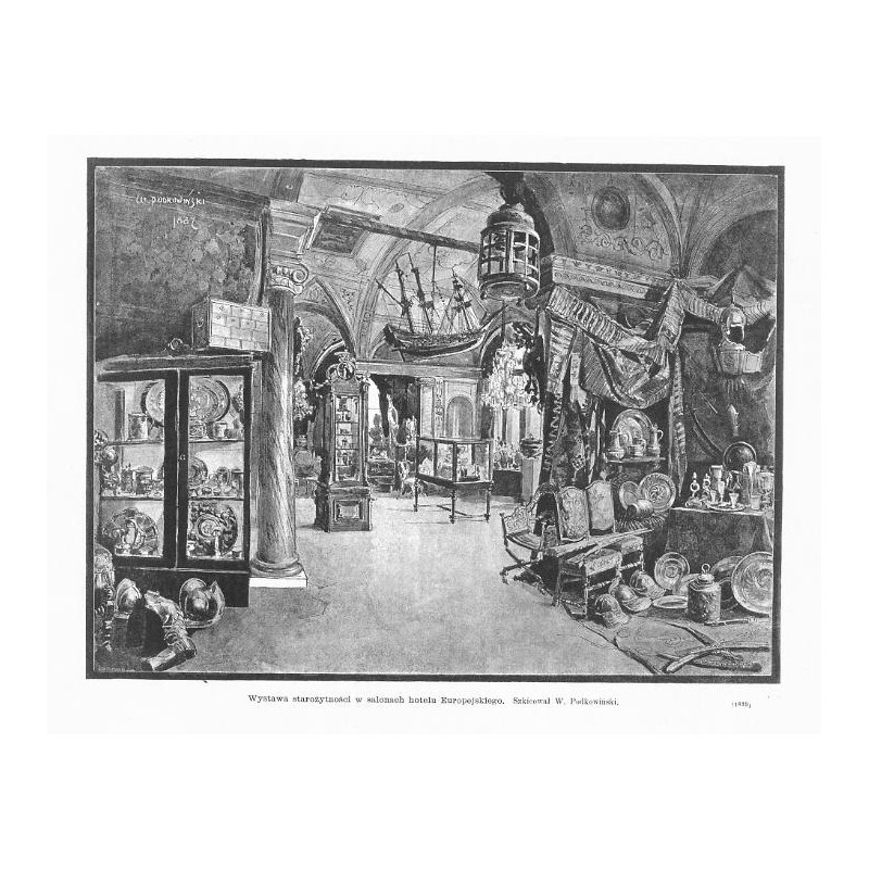 "Wystawa starożytności w salonach hotelu Europejskiego. Szkicował W. Podkowiński. (1839)"
