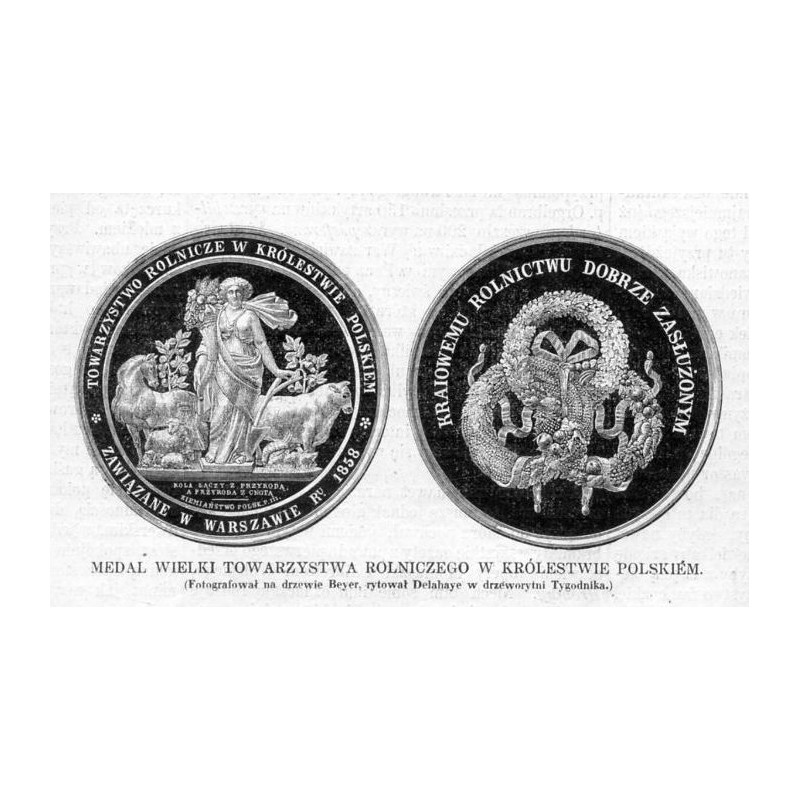 Medal Wielki Towarzystwa Rolniczego w Królestwie Polskim. Fotografował na drzewie Beyer, rytował Delahaye w drzeworytni Tygodnik