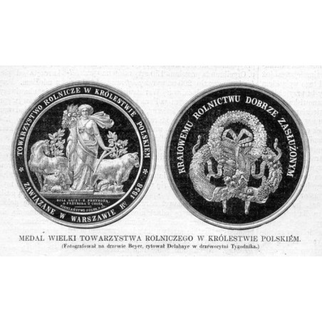 Medal Wielki Towarzystwa Rolniczego w Królestwie Polskim. Fotografował na drzewie Beyer, rytował Delahaye w drzeworytni Tygodnik