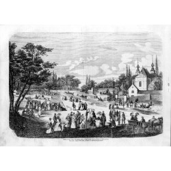 Bielany pod Warszawą podczas Zielonych Świątek. Rysował z natury Polkowski, rytowano w drzeworytni Tygodnika / "BIELANY POD WARS