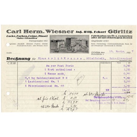 "Carl Herm. Wiesner Inh. Wilh. Eckart Görlitz. Lacke, Farben, Leime, Pinsel Maler-Utensilien [...] Fabrikation von Öl- u. Lackfa