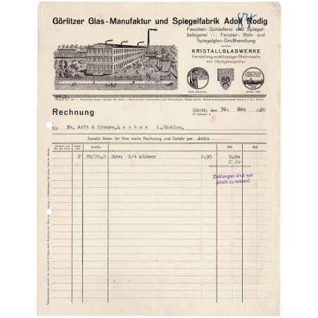 "Görlitzer Glasmanufaktur und Spiegelfabrik Adolf Rodig Facetten- und Kristall-Schleiferei Fenster-, Guß- und Spiegelglas-Großha