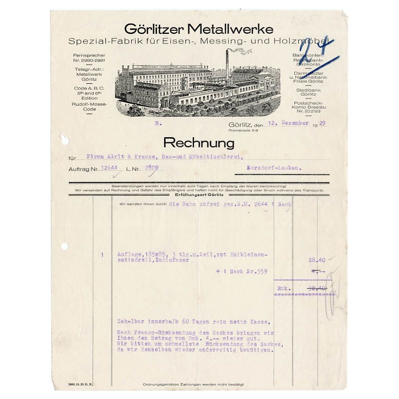 "Görlitzer Metallwerke Spezial-Fabrik für Eisen-, Messing- und Holzmöbel". "Rechnung". "Görlitz, den 12. Dezember 1929 Promenade