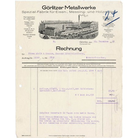 "Görlitzer Metallwerke Spezial-Fabrik für Eisen-, Messing- und Holzmöbel". "Rechnung". "Görlitz, den 12. Dezember 1929 Promenade