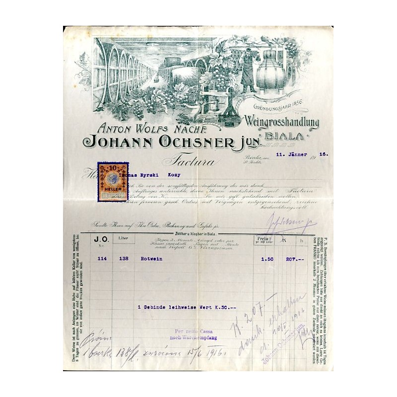 "ANTON WOLFs NACHF. JOHANN OCHSNER JUN. Gründungsjahr Weingrosshandlung BIALA,  am. 20. Jänner 1916. St. Bielitz Factura"