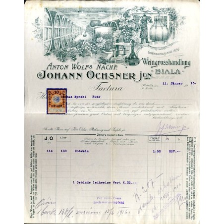 "ANTON WOLFs NACHF. JOHANN OCHSNER JUN. Gründungsjahr Weingrosshandlung BIALA,  am. 20. Jänner 1916. St. Bielitz Factura"