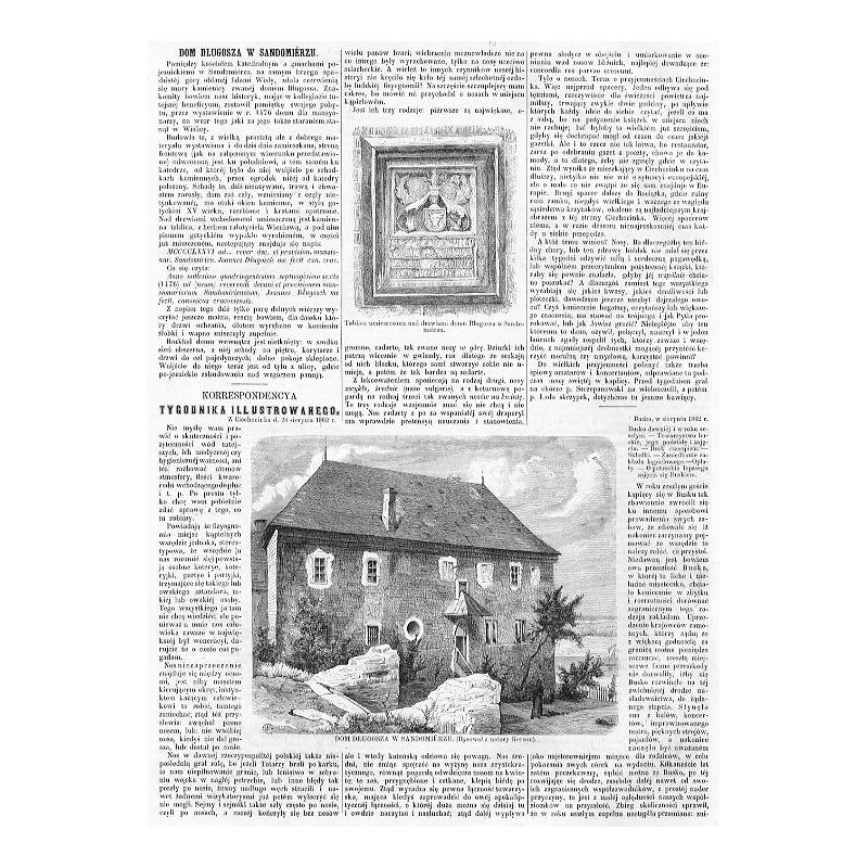 [1] "Tablica umieszczona nad drzwiami domu Długosza w Sandomiérzu." [2] "DOM DŁUGOSZA W SANDOMIÉRZU. (Rysował z natury Gerson).