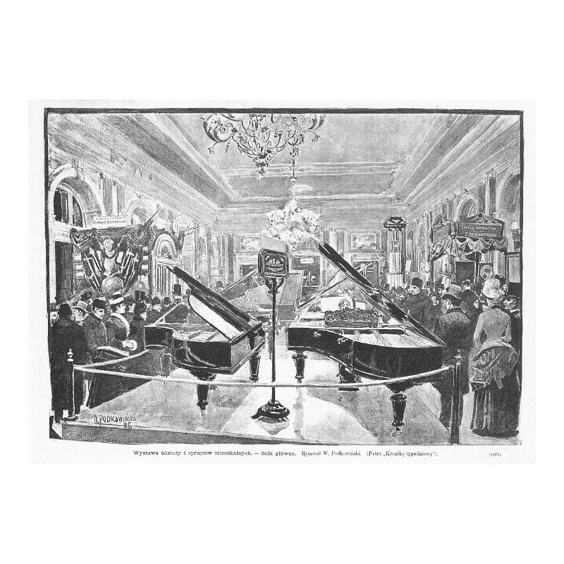 "Wystawa odzieży i sprzętów mieszkalnych. - Sala główna. Rysował W. Podkowiński. [...] (1687)"