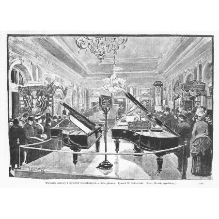 "Wystawa odzieży i sprzętów mieszkalnych. - Sala główna. Rysował W. Podkowiński. [...] (1687)"