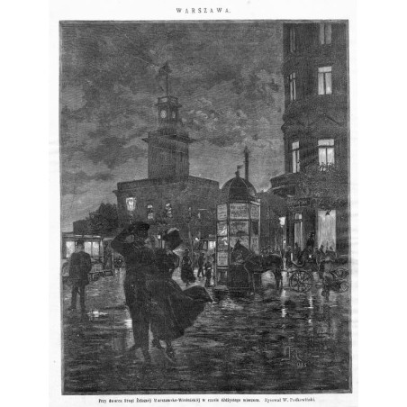"WARSZAWA. Przy dworcu Drogi Żelaznéj Warszawsko-Wiedeńskiéj w czasie dżdżystego wieczoru. Rysował W. Podkowiński."