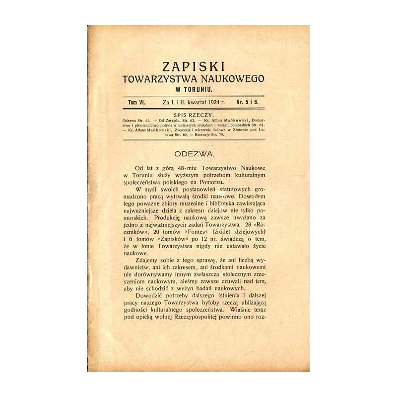 Zapiski Towarzystwa Naukowego w Toruniu. T. 6 (1924). Nr 5 i 6 (I. i II. kwartał 1924) / Drukarstwo i piśmiennictwo polskie w mn