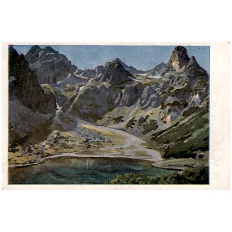 Zelené pleso s pozadim Kriváňa 2496 m a Krátkej dľa orig. E. Kosy. Le lac vert situé, á 2026 mètres dans les Tatra. The green-la