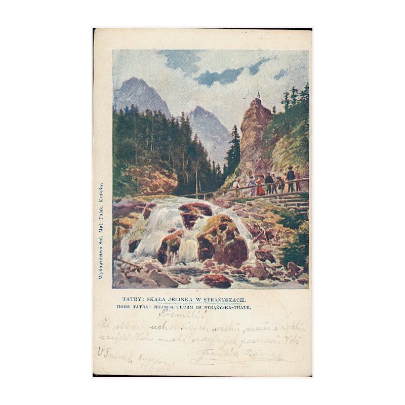 Tatry: Skała Jelinka w Strążyskach. Hohe Tatra: Jelinek Thurm im Strążyska-Thale.