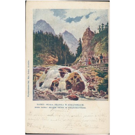 Tatry: Skała Jelinka w Strążyskach. Hohe Tatra: Jelinek Thurm im Strążyska-Thale.