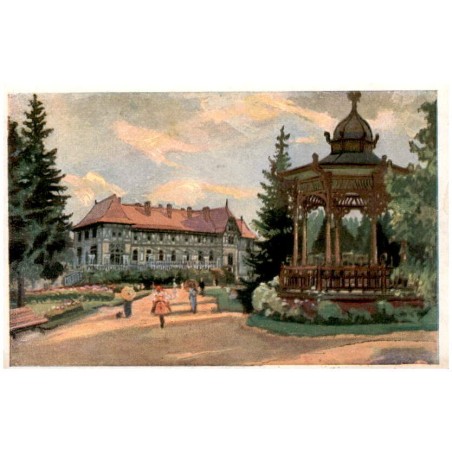 Tatranská Lomnica dľa orig. E. Kosy. Hotel Lomnica v lazeňskom parku. Les eaux Tatranská Lomnice. Hotel Lomnice. The baths Tatra