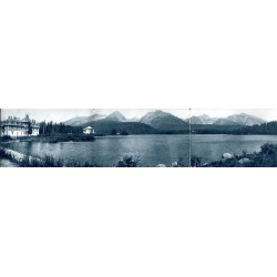 Panorama se Štrbského Plesa. Ve prospěch Podpůrného fondu Masarykovy léčebny plicně chorých železničních zaměstnanců