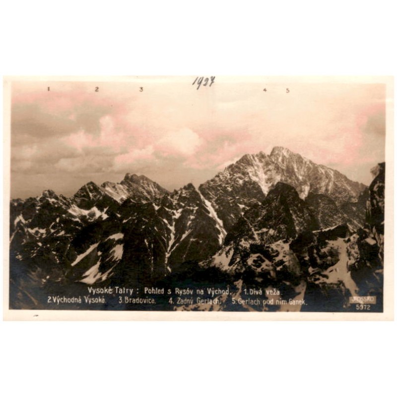 Vysoké Tatry: Pohlad s Rysóv na Východ. 1. Divá veža. 2. Východná Vysoká. 3. Bradovica. 4. Zadný Gerlach. 5. Gerlach, pod ním Ga