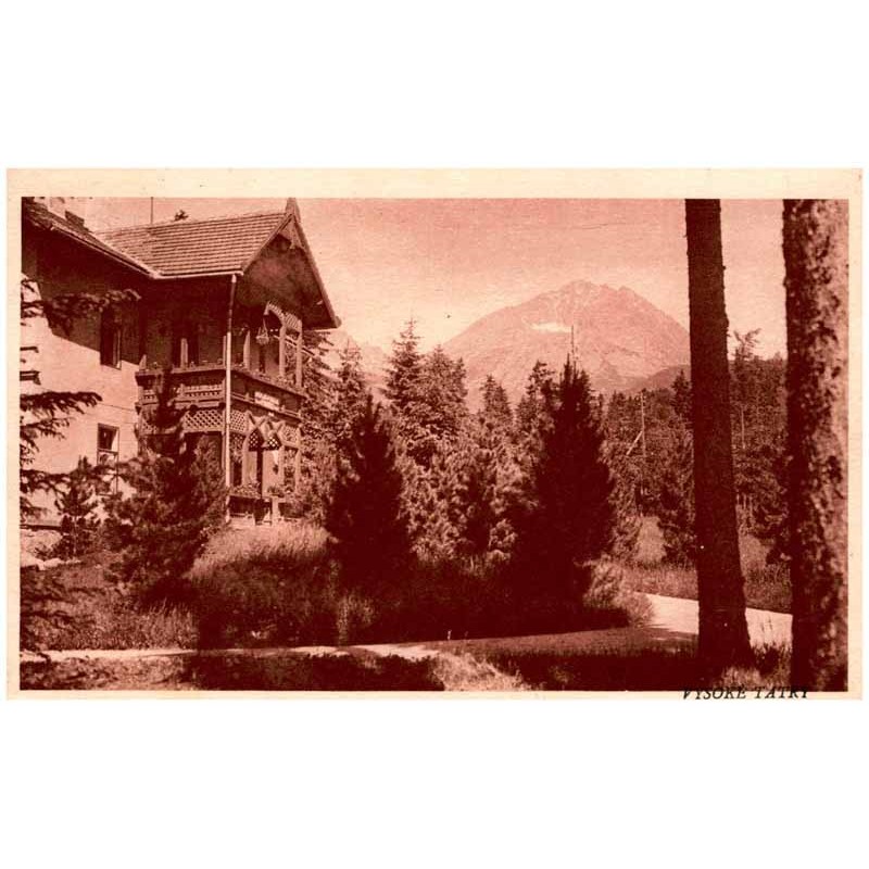 Tatranská Polianka. Kúpelný dom a Gerlachovsky štít. Westerheim. Badehaus und Gerlachsdorfer Spitze. Tátra Széplak. Fürdöhaz és