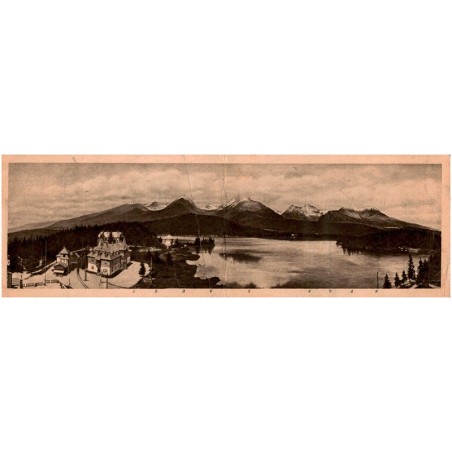 Panorama Štrbského Plesa (1350 m. n. m.) Stanica eletr. dr., villa Jiskry z Brandýsa, Marina, v pozadí 1. Kriváň (2496), Krátká