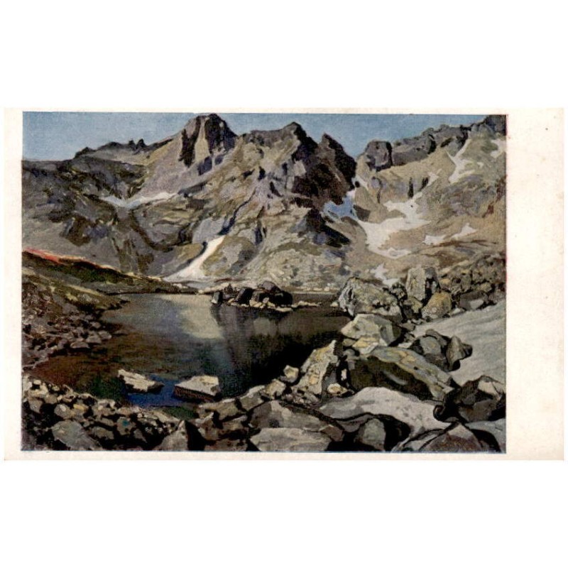 Žabie pleso s pozadim Mengusovského štítu 2473 m dľa orig. E. Kosy. Le lac grenouil, es (Žabie pleso) situé á 2473 m dans les Ta
