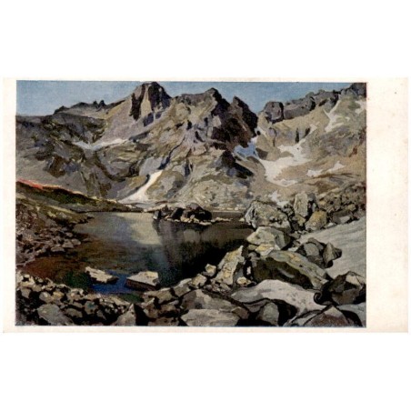 Žabie pleso s pozadim Mengusovského štítu 2473 m dľa orig. E. Kosy. Le lac grenouil, es (Žabie pleso) situé á 2473 m dans les Ta