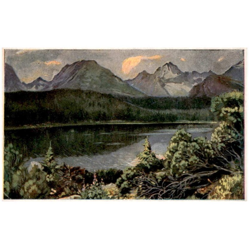 Lázne Štrbske pleso dľa orig. E. Kosy. Pohľad na Štrbski štit, Patriu, Kopky, Rysy, Vysokou a Ostervu. Les eaux Štrbske pleso av