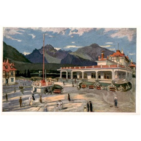 Lázne Štrbské pleso dľa orig. E. Kosy. Grandhotel s pozadím jazera a Tater. Les eaux Štrbské pleso. Grandhôtel. The bath at the