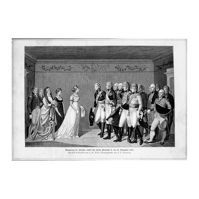 "Begegnung der Königin Louise mit Kaiser Alexander I. am 10. November 1802. Nach dem Kupferstiche von J. Fr. Bolt Originalgemäl