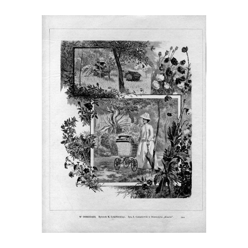 W ogrodzie / "W OGRODZIE. Rysunek M. Kotarbińskiego. Ryt. E. Gorazdowski w Drzeworytni "Kłosów". 7368"