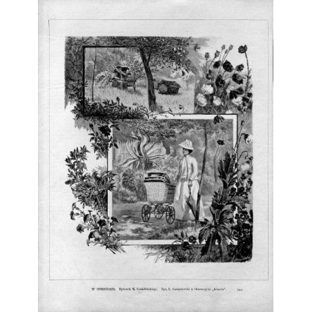 W ogrodzie / "W OGRODZIE. Rysunek M. Kotarbińskiego. Ryt. E. Gorazdowski w Drzeworytni "Kłosów". 7368"