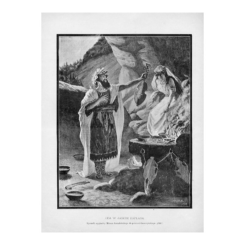 Oda w jaskini kapłana / "ODA W JASKINI KAPŁANA. Rysunek oryginalny Miłosza Kotarbińskiego do powieści Goszczyńskiego "Oda"."