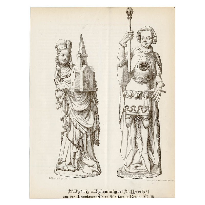 "St. Hedwig u. Religienfigur [St. Moritz?] aus der Hedwigskapelle zu St. Clara in Breslau XIV [...]"