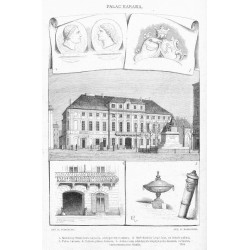Pałac Karasia / "PAŁAC KARASIA. 1. Medaliony Stanisława Augusta, zdobiące front pałacu. 2. Herb Karasia i jego żony, na froncie