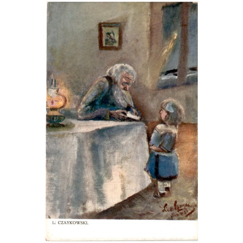 L. Czaykowski. [Dziadek z wnuczką przy lampie naftowej]