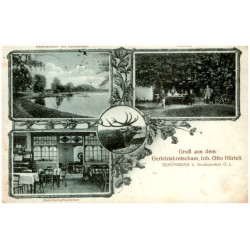 Gruß aus dem Gerichtskretscham, Inh. Otto Härtelt. Schönberg b. Neuhammer, O. L. Hammerteich mit Gondelfahrt. Försterei. Gesells