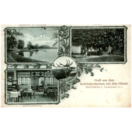 Gruß aus dem Gerichtskretscham, Inh. Otto Härtelt. Schönberg b. Neuhammer, O. L. Hammerteich mit Gondelfahrt. Försterei. Gesells