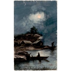 [Rybak w łodzi i zabudowania nocą]