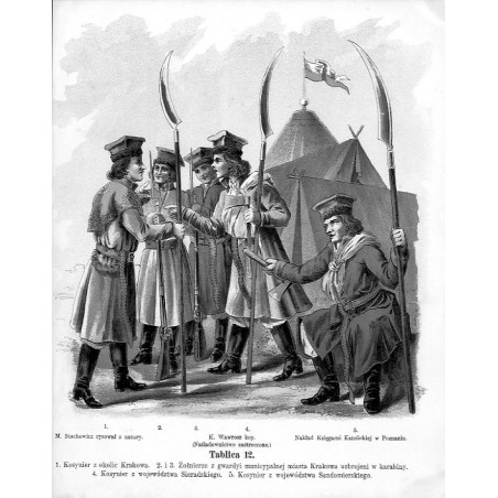 "Tablica 12. 1. Kosynier z okolic Krakowa. 2. i 3. Żołnierze z gwardyi municypalnej miasta Krakowa uzbrojeni w karabiny. 4. Kosy