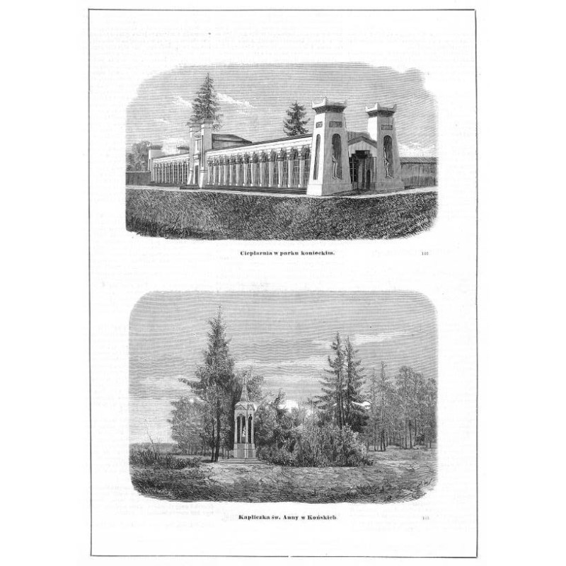 [1] "Cieplarnia w parku konieckim. 105" [2] "Kapliczka św. Anny w Końskich. 106"