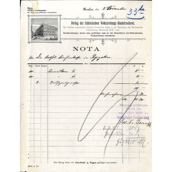 "NOTA. Verlag der Schlesischen Volkszeitungs-Buchdruckerei [...]". Breslau 2.11.1900