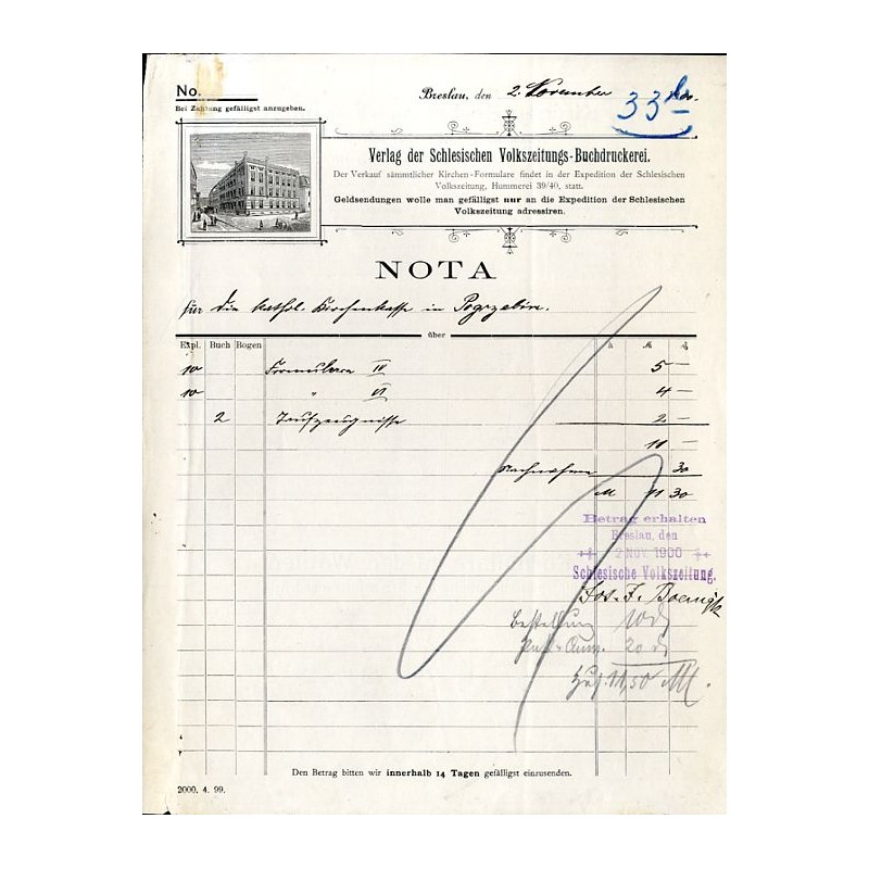 "NOTA. Verlag der Schlesischen Volkszeitungs-Buchdruckerei [...]". Breslau 2.11.1900