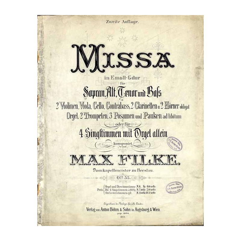 Missa in Emoll-Gdur für Sopran, Alt, Tenor und Bass, 2 Violinen, Viola, Cello, Contrabass, 2 Clarinetten u. 2 Hörner obligat, Or